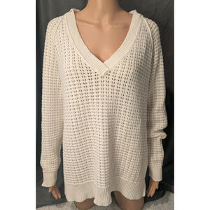 Sundance Hoodie Woman's Large White Textured Knit Sweater V Neck Cotton